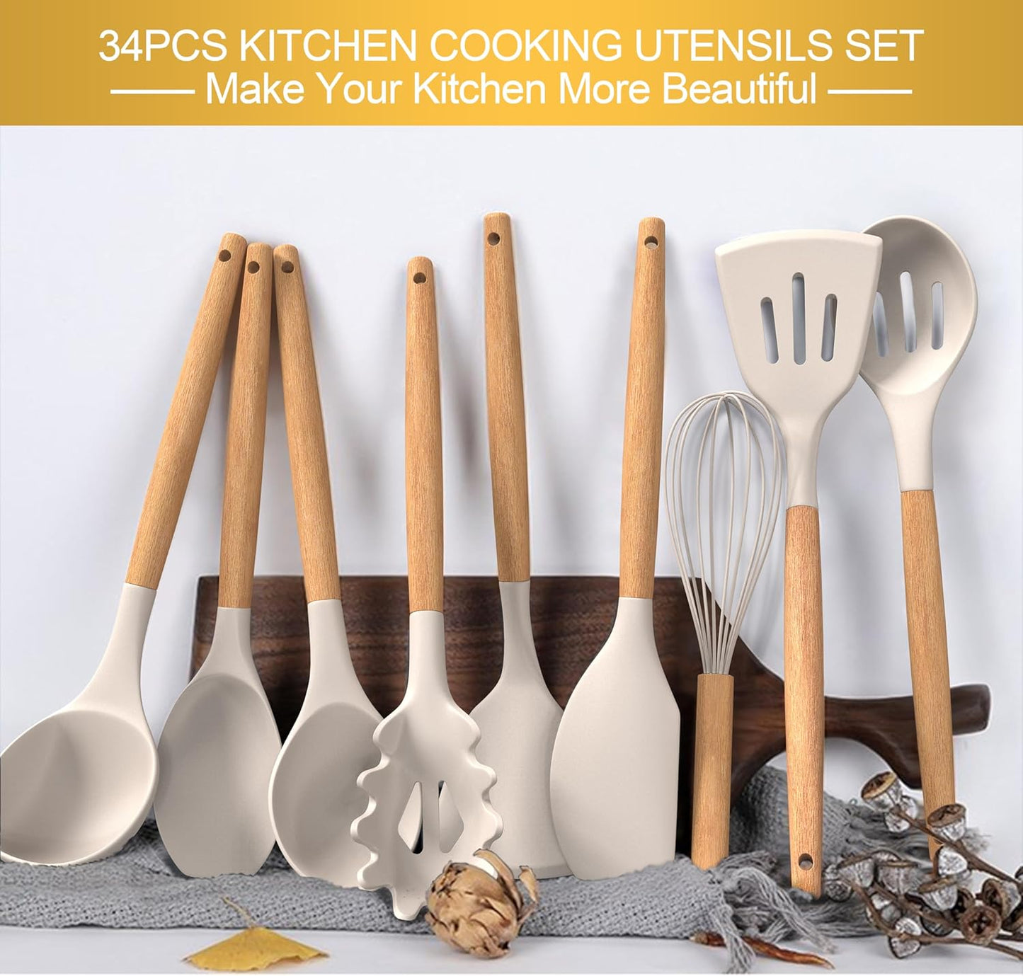 Silicone Cooking Utensils Set, 43Pcs Non-Stick Heat Resistant Kitchen Utensils Spatula Set with Wooden Handle for Baking, Cooking, and Mixing, Best Kitchen Gadgets Tools with Holder (Khaki)