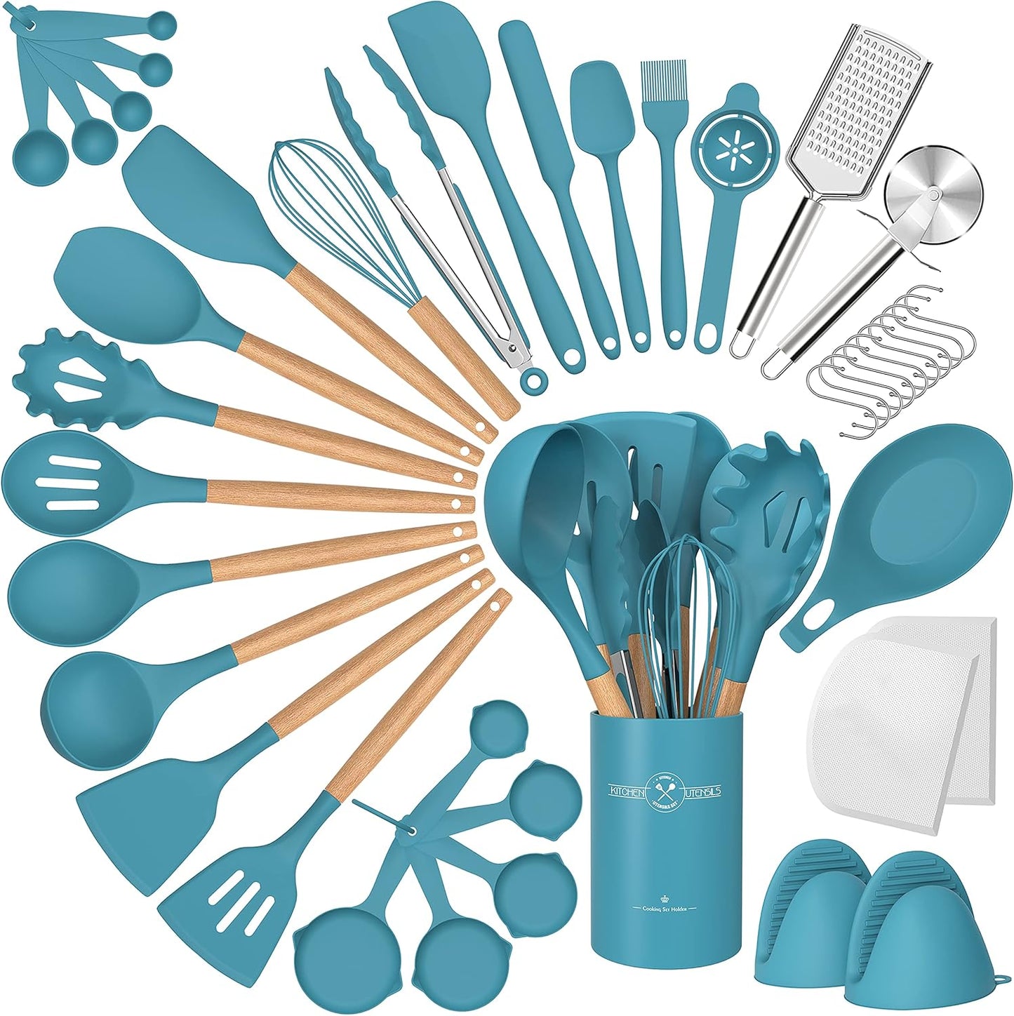 Silicone Cooking Utensils Set, 43Pcs Non-Stick Heat Resistant Kitchen Utensils Spatula Set with Wooden Handle for Baking, Cooking, and Mixing, Best Kitchen Gadgets Tools with Holder (Khaki)
