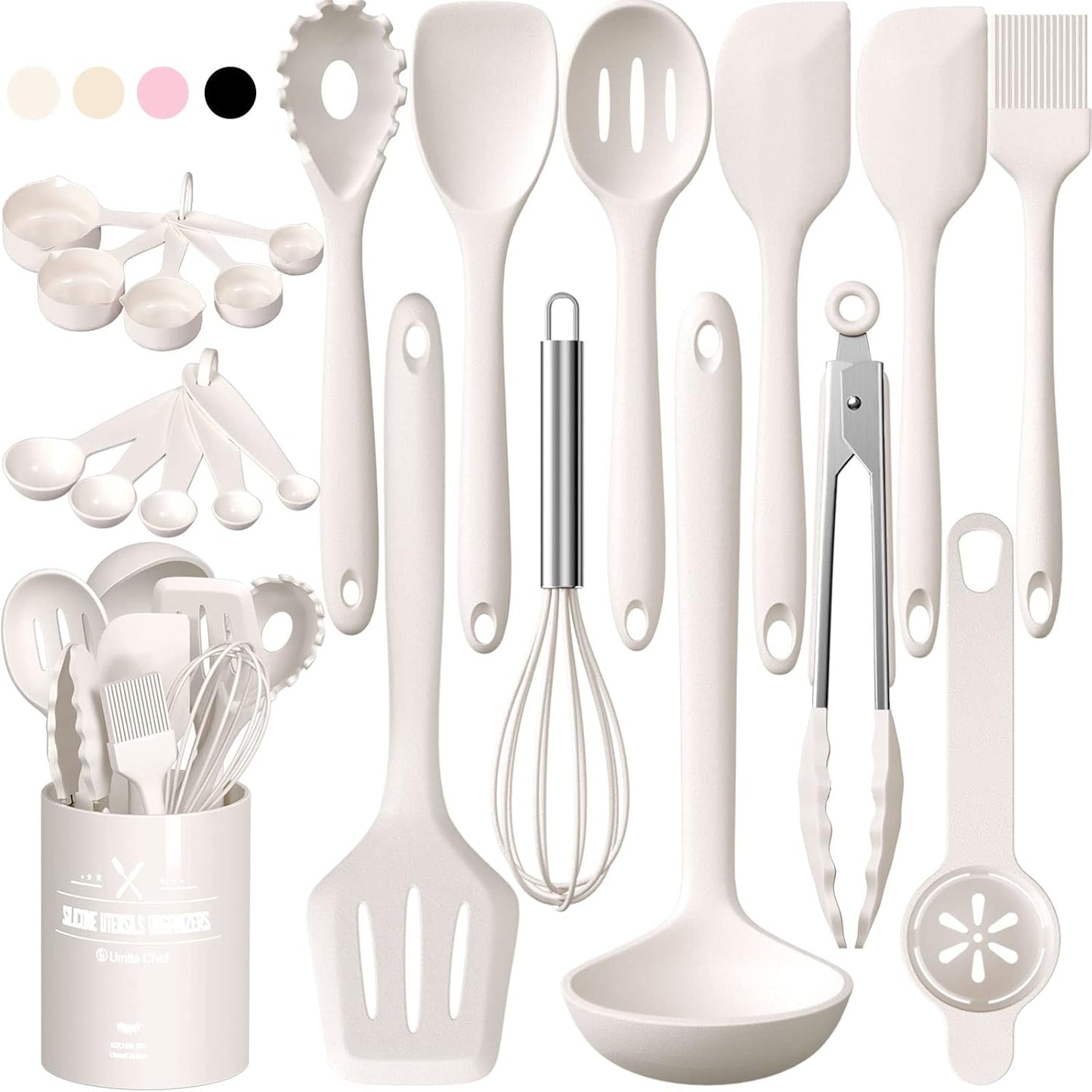 Umite Chef 22Pcs Silicone Cooking Utensils Set, Heat Resistant Silicone Kitchen Spatulas Set with Holder, Cooking Gadgets Tools Set for Nonstick Cookware, Dishwasher Safe(Pink)