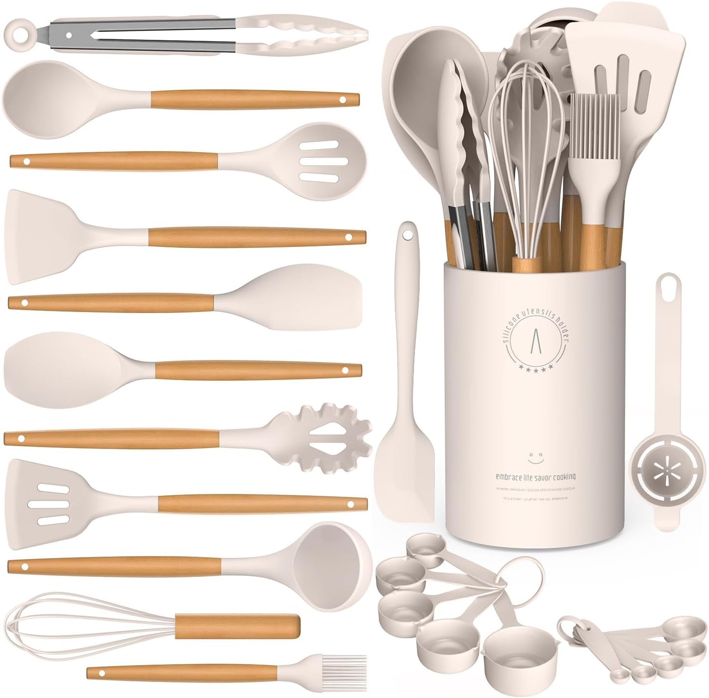Silicone Cooking Utensils Set - Silicone Kitchen Utensils for Cooking Wooden Handles, 446°F Heat Resistant Kitchen Utensil Spatula Sets w Holder, Gadgets for Non-Stick Cookware BPA FREE (Cream White)