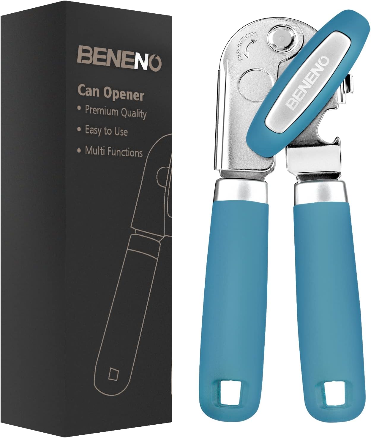 Beneno Can Opener Manual with Magnet, Hand Held Heavy Duty Can Opener with Durable Sharp Blade Smooth Edge, Big Effort-Saving Knob, Soft Grip Rubber Handle, Multifunctional Bottle Opener, Green