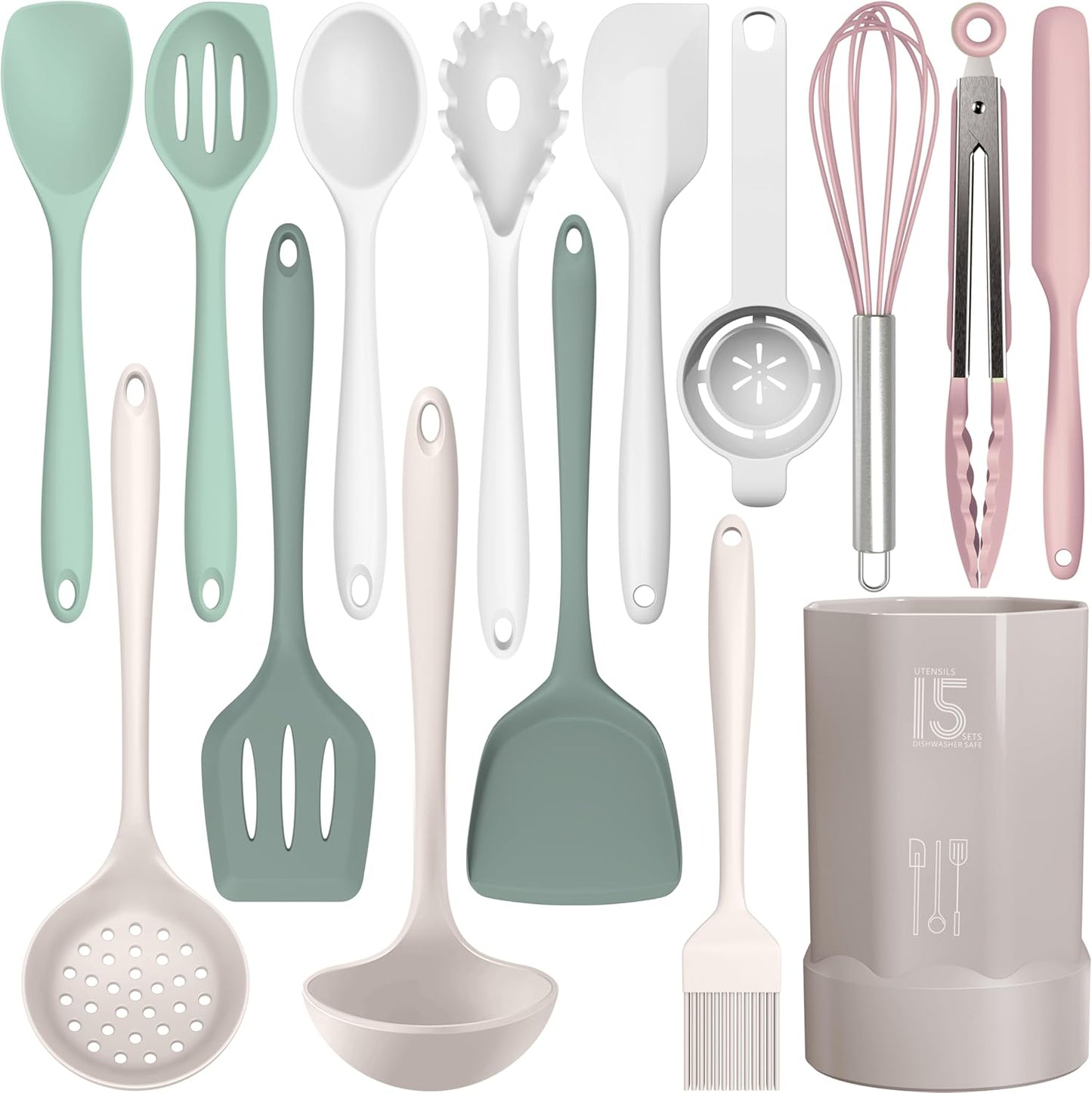 Silicone Cooking Utensils Set - 446°F Heat Resistant Kitchen Utensils,Turner Tongs,Spatula,Spoon,Brush,Whisk,Kitchen Utensil Gadgets Tools Set for Nonstick Cookware,Dishwasher Safe (BPA Free)
