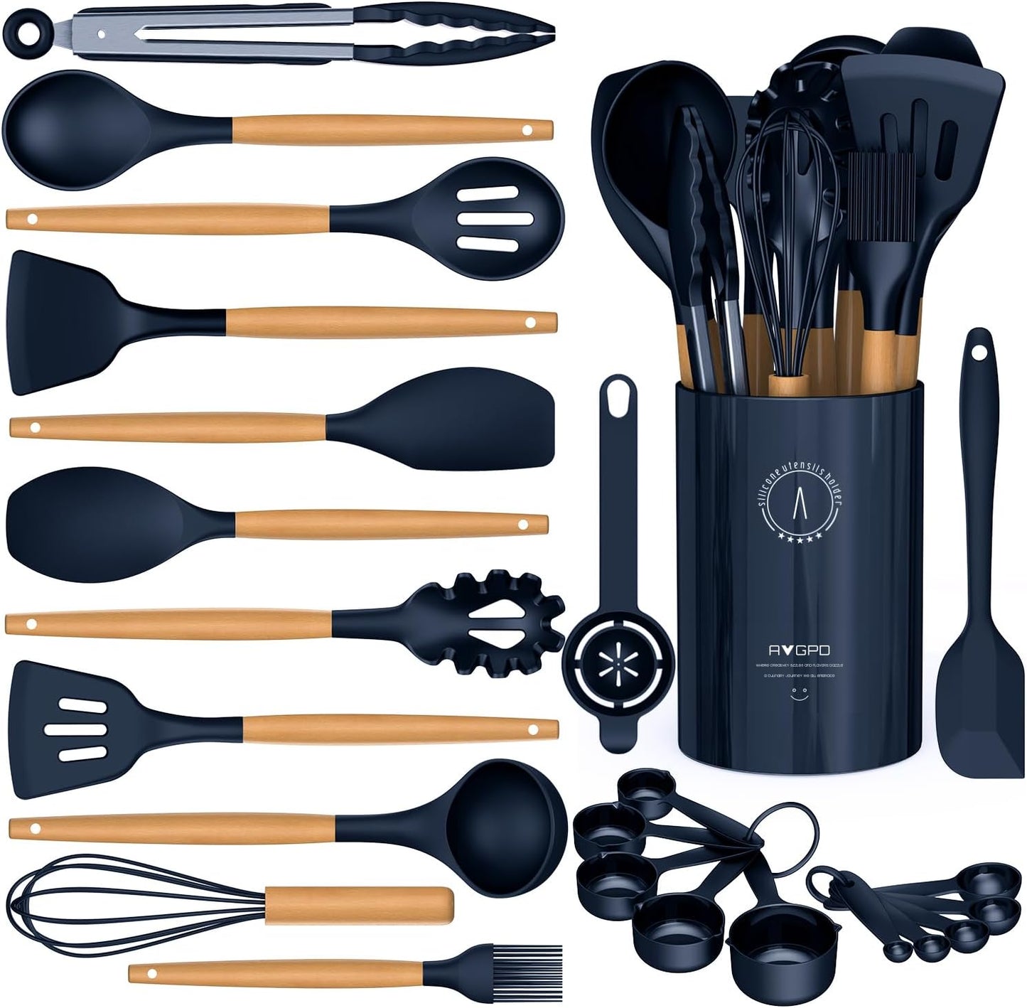 Silicone Cooking Utensils Set - Silicone Kitchen Utensils for Cooking Wooden Handles, 446°F Heat Resistant Kitchen Utensil Spatula Sets w Holder, Gadgets for Non-Stick Cookware BPA FREE (Cream White)