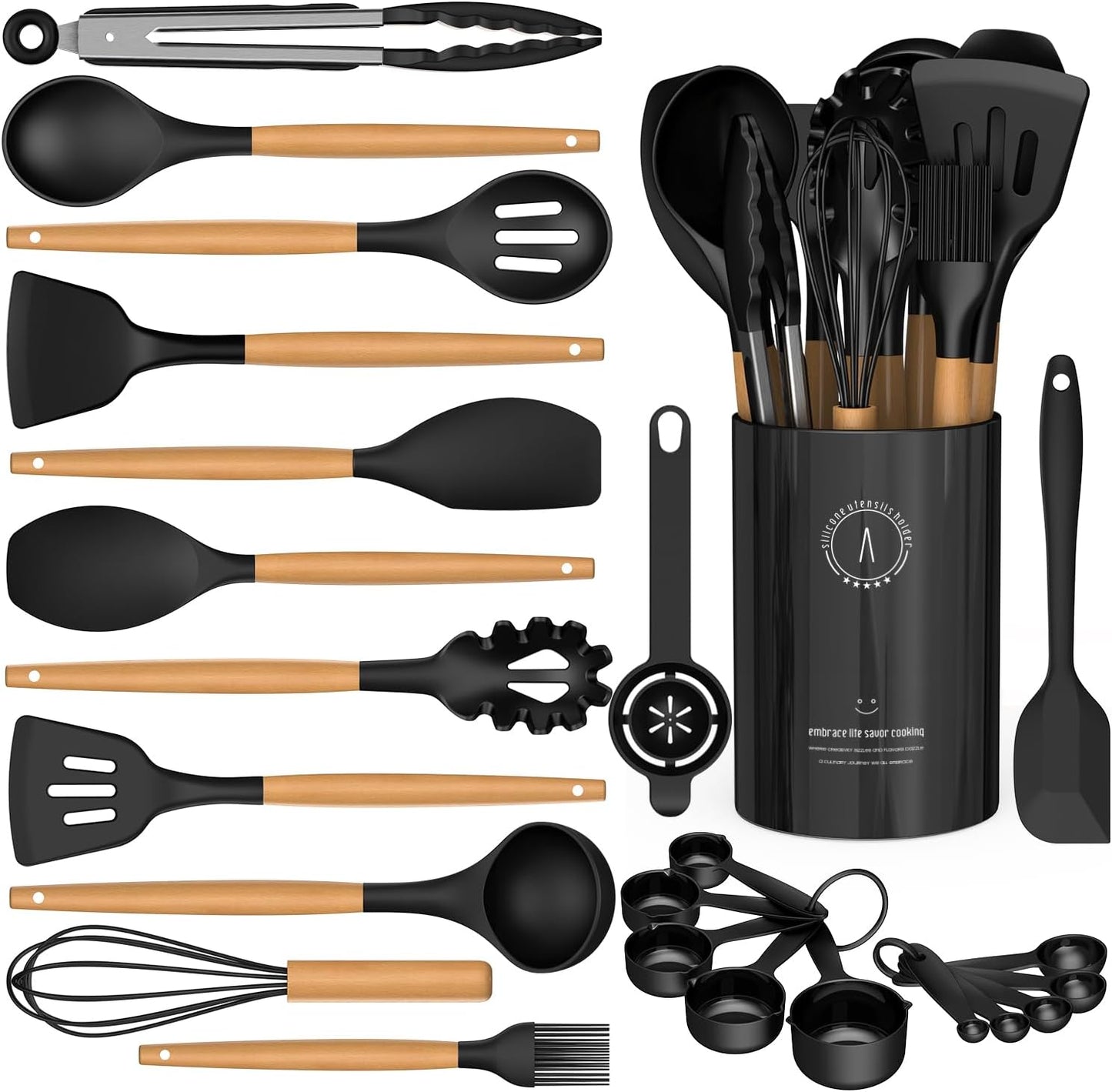 Silicone Cooking Utensils Set - Silicone Kitchen Utensils for Cooking Wooden Handles, 446°F Heat Resistant Kitchen Utensil Spatula Sets w Holder, Gadgets for Non-Stick Cookware BPA FREE (Cream White)