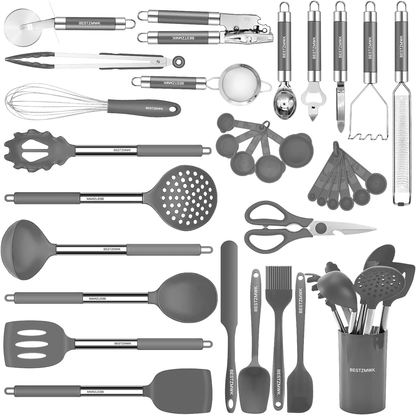 Kitchen Utensils Set-Silicone Cooking Utensils-33pcs Non-Stick Silicone Cooking Kitchen Utensils Spatula Set with Holder-Best Kitchen Cookware with Stainless Steel Handle (Khaki)
