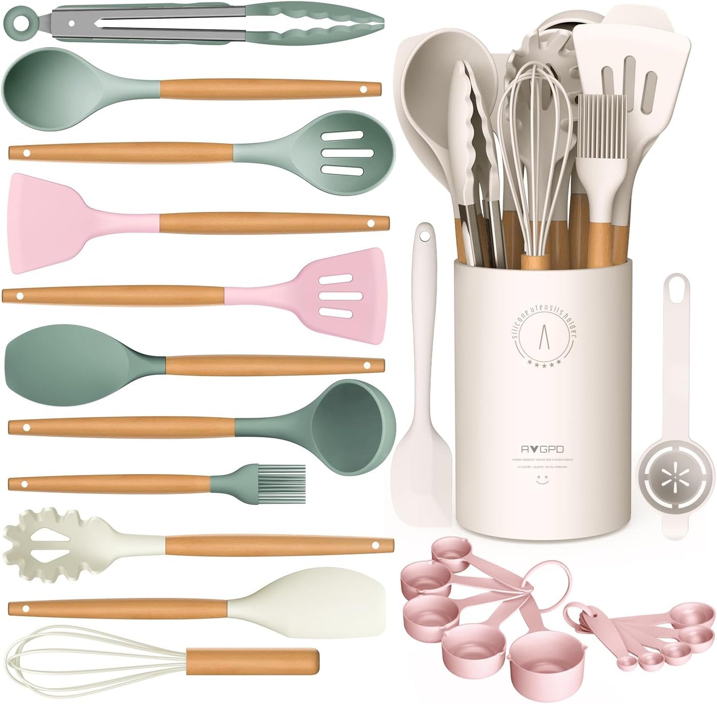 Silicone Cooking Utensils Set - Silicone Kitchen Utensils for Cooking Wooden Handles, 446°F Heat Resistant Kitchen Utensil Spatula Sets w Holder, Gadgets for Non-Stick Cookware BPA FREE (Cream White)