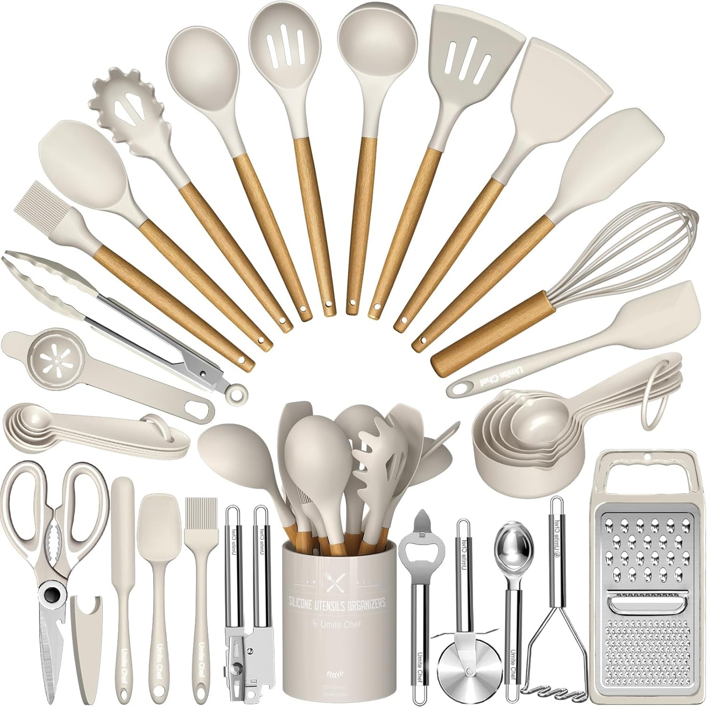 Kitchen Utensils Set- 34PCS Silicone Cooking Utensils with Holder, Umite Chef Heat Resistant Kitchen Utensil Spatula Set for Nonstick Cookware, Black Wooden Handles Kitchen Gadgets Tools Set