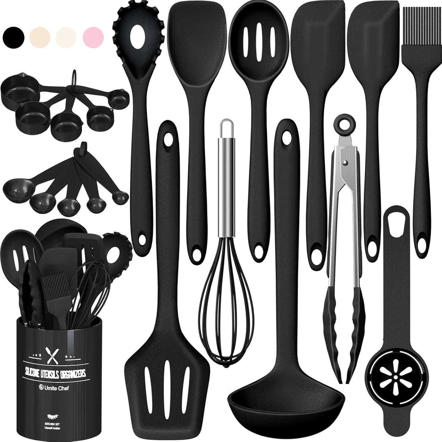 Umite Chef 22Pcs Silicone Cooking Utensils Set, Heat Resistant Silicone Kitchen Spatulas Set with Holder, Cooking Gadgets Tools Set for Nonstick Cookware, Dishwasher Safe(Pink)