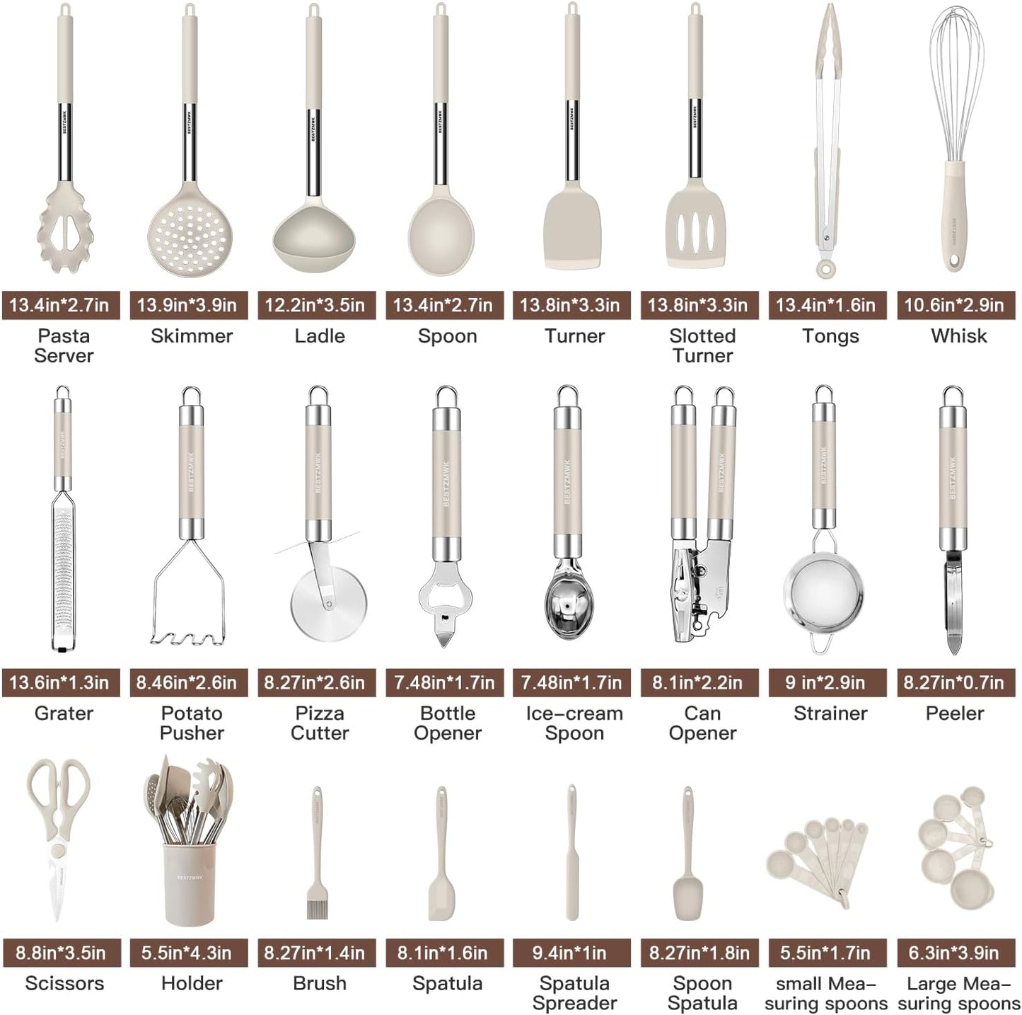 Kitchen Utensils Set-Silicone Cooking Utensils-33pcs Non-Stick Silicone Cooking Kitchen Utensils Spatula Set with Holder-Best Kitchen Cookware with Stainless Steel Handle (Khaki)