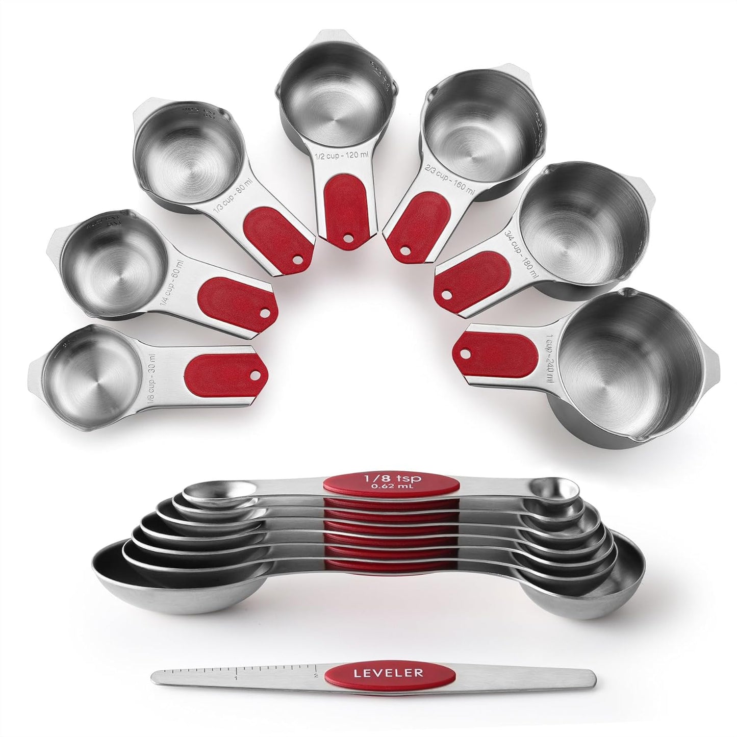 Spring Chef Magnetic Measuring Cups & Spoons Set (Patent Pending), Strong N45 Magnets, Heavy Duty Stainless Steel Fits in Spice Jars for Baking & Cooking, BPA Free, Round Set of 15 with Leveler, Black