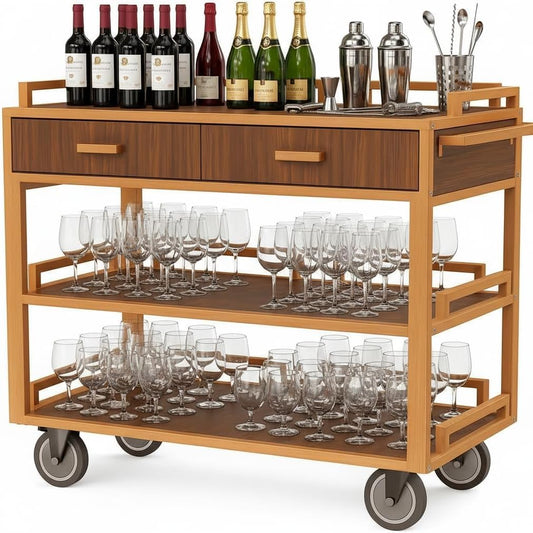 Bar Cart with Wheels, 3-Tier Vintage Wood Serving Cart, 150 lbs Heavy Duty Rolling Drink Cart for Home, Kitchen, Cocktail, Coffee & Wine Storage (WithoutCabinet)