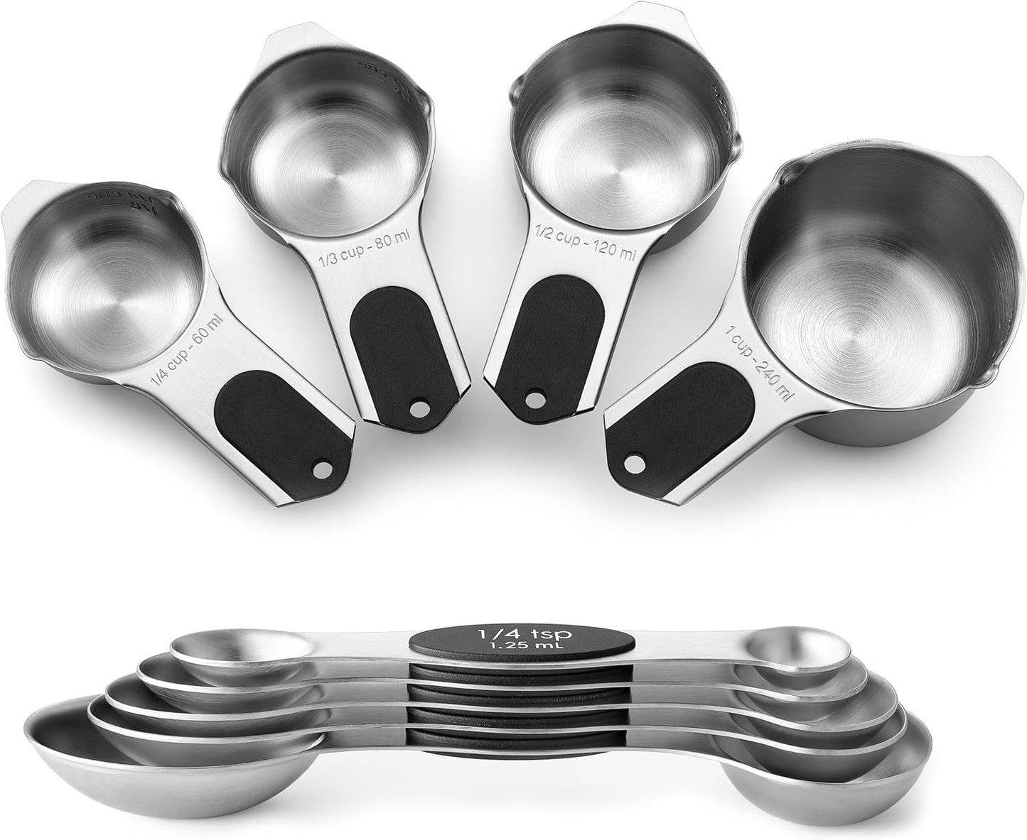Spring Chef Magnetic Measuring Cups & Spoons Set (Patent Pending), Strong N45 Magnets, Heavy Duty Stainless Steel Fits in Spice Jars for Baking & Cooking, BPA Free, Round Set of 15 with Leveler, Black