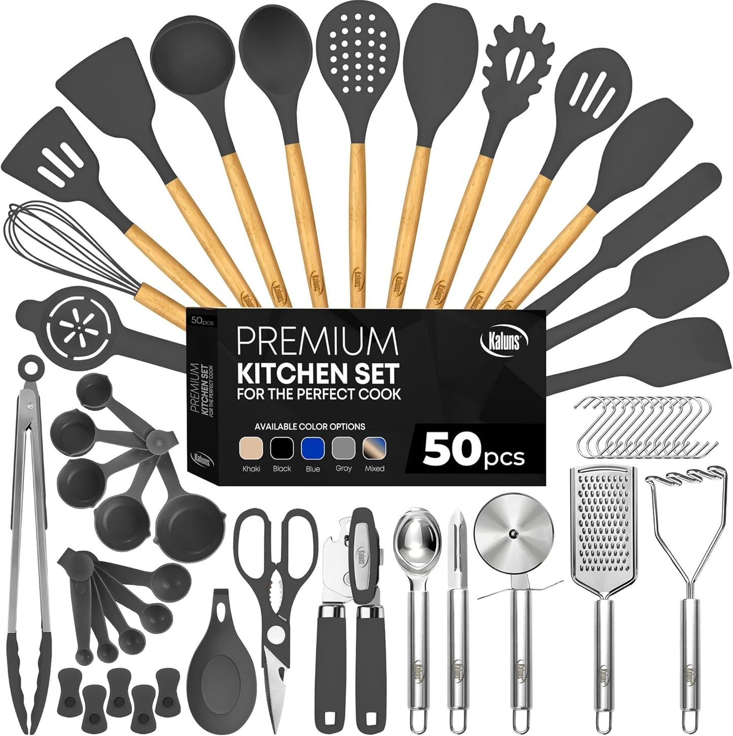 Kaluns 50 PCS Silicone Kitchen Utensils Set Complete Kitchen Set - 800°F Heat Resistant Non-Stick Premium Cooking Utensils W Wooden Handles - Can Opener, Masher, Turner, Silicone Spatula Set