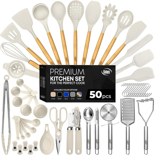 Kaluns 50 PCS Silicone Kitchen Utensils Set Complete Kitchen Set - 800°F Heat Resistant Non-Stick Premium Cooking Utensils W Wooden Handles - Can Opener, Masher, Turner, Silicone Spatula Set