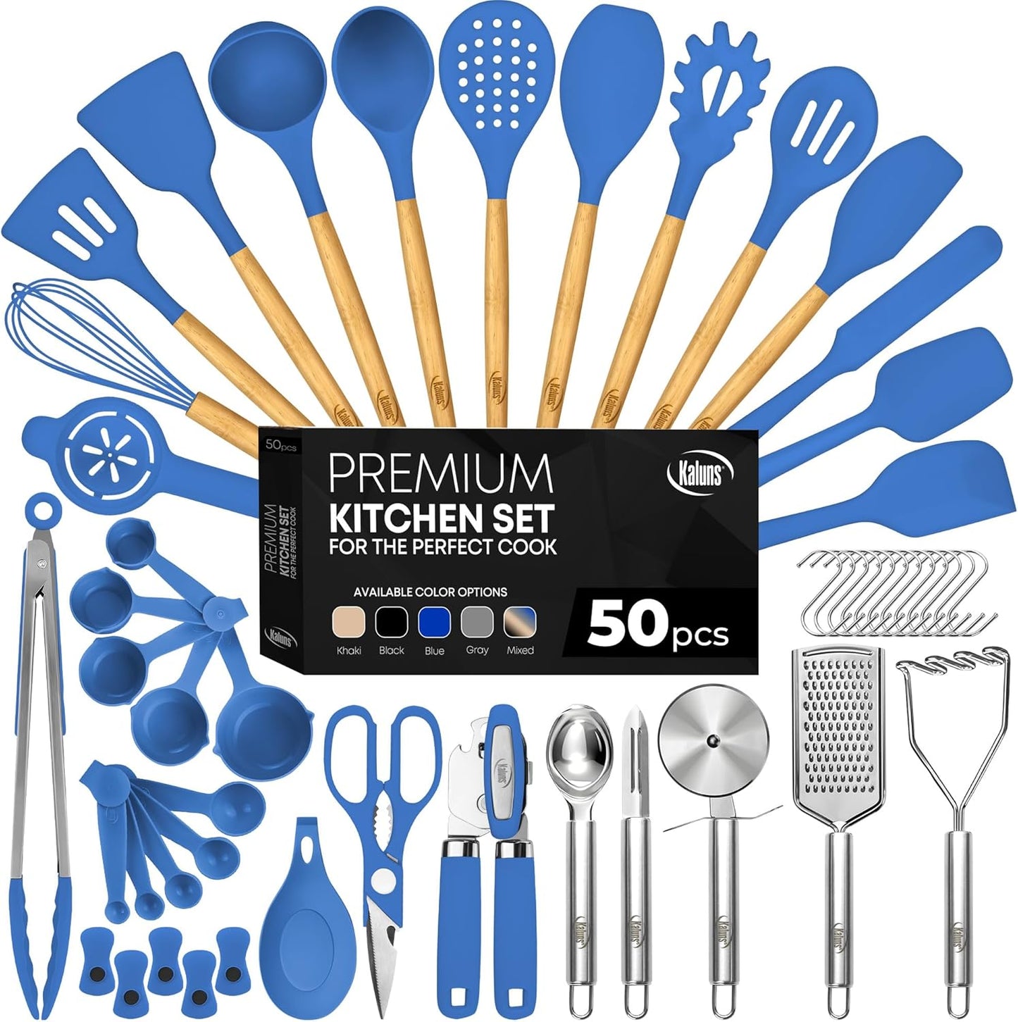Kaluns 50 PCS Silicone Kitchen Utensils Set Complete Kitchen Set - 800°F Heat Resistant Non-Stick Premium Cooking Utensils W Wooden Handles - Can Opener, Masher, Turner, Silicone Spatula Set